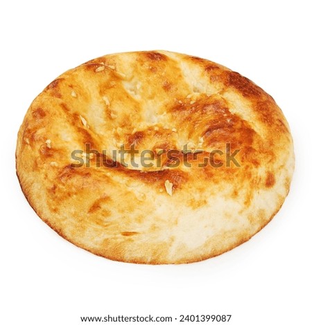 Round bread with garlic, flatbread on a white background, isolated Royalty-Free Stock Photo #2401399087