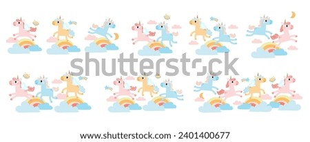Cute unicorns, Pony or horse with magical, Unicorns illustration with rainbow, stars, hearts, clouds, castle in cartoon style. 