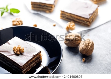 Gerbeaud Cake. Zserbo. Traditional Hungarian multi-layer cake with plum jam, nuts and covered with chocolate glaze