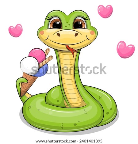 Cute cartoon green snake holding an ice cream. Vector illustration of an animal with pink hearts on a white background.