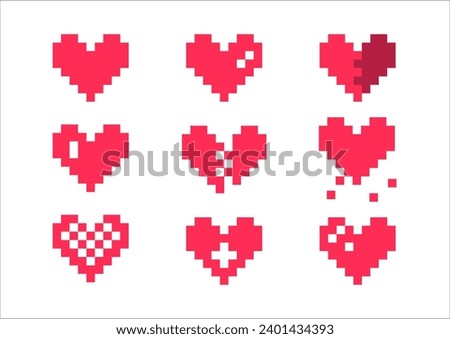 Pixel heart red set 8 bit for poster pattern, print, design, elements 