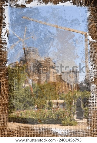 An artistic canvas depicts  the construction of Notre Dame