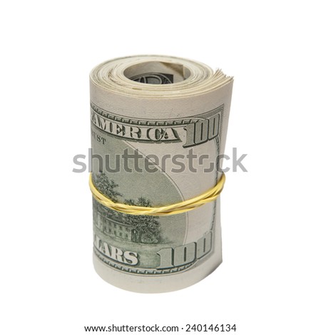 Roll of one hundred dollar banknotes isolated on white background