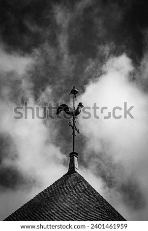 Metal weather vane in the shape of a rooster north south east west on the roof of a house with the sky overcast white black clouds in black and white bw