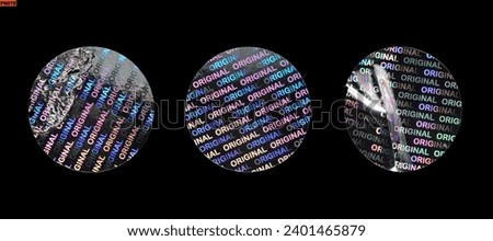 Round holographic sticker collection. Original hologram seal label. wrinkled, damaged, etc. Royalty-Free Stock Photo #2401465879