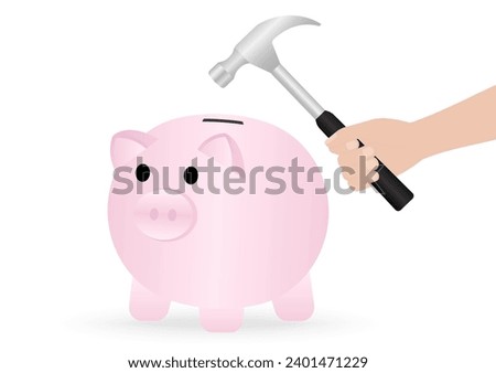 Hand Holding Hammer to Break Piggy Bank. Growing Money, Saving and Investment Concept. Vector Illustration.