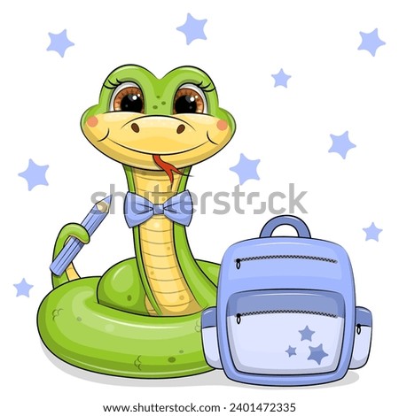 A cute cartoon green snake with a bow tie holds a pencil and stands near a backpack. School vector illustration of animal on white background with blue stars.