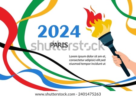 Sports background . Torch with colorful wavy stripes.  Championship icon,Symbol of victory. Abstract colorful background with wave, flame of champions.Torch,  Flame. Hand  holds a torch  Royalty-Free Stock Photo #2401475263