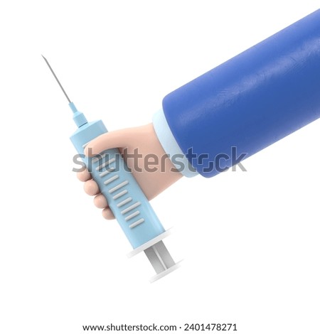 3d render. Doctor cartoon hand holding big syringe with vaccine against virus. Medical healthcare illustration. Pharmaceutical clip art.3D rendering on white background.
