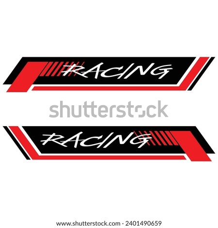 Red, black decals and "Racing" text. Can be used to decorate the sides of cars, racing cars, and sports cars.