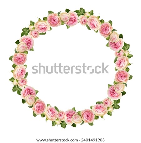 Small pink rose flowers in a floral round frame isolated on white background