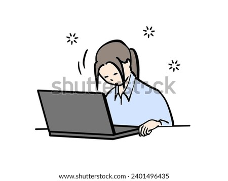 Clip art of woman at work dozing in front of computer screen