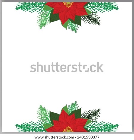 Vector Christmas tree branches and red poinsettia flower in a holiday line arrangement on a white  background