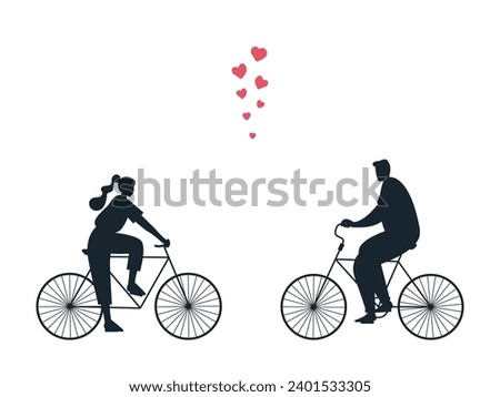 Valentine's day illustration. Black silhouettes of young man and young woman with red hearts. Guy and girl ride bicycles towards each other. Vector 