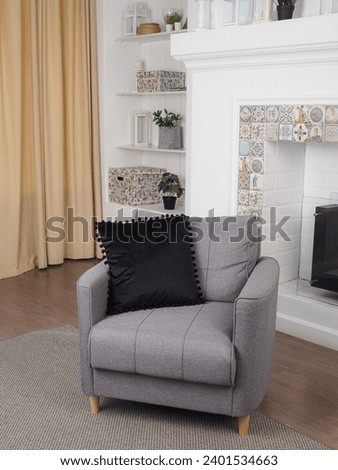Black pillow on the chair in this beautiful living room creates a cozy and inviting atmosphere. Decorated with flowers and decorative pillows, this space is perfect for showcasing furniture stores.