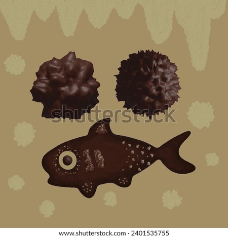 chocolate, fish, decorated, illustration, 3d, cocoa, brown, in the air, black, confectionery, Christmas, Easter, 