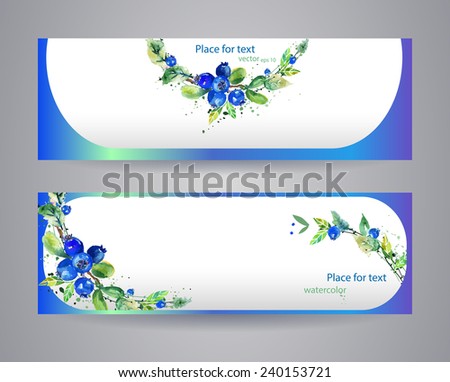 Banners with watercolor  leaves and blueberry. Watercolor background. Hand drawn, Colorful header.