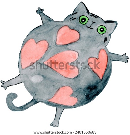 funny round gray cat with pink heart for Valentine's day in watercolor.jpg