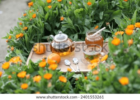 tea party in flowers. A transparent glass teapot and a mug with herbal tea on the table, next to two teaspoons, a jar of honey and tangerines among blooming calendula