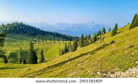 Lush green alpine pasture along hiking trail to the top of mountain peak Dobratsch, Villacher Alps, Carinthia, Austria, Europe. High mountain ranges in background. Tranquil wanderlust atmosphere Royalty-Free Stock Photo #2401581809