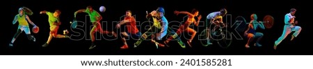 Collage. Motivated young people, athletes of different sports in motion, practicing over black background in neon light Concept of professional sport, competition, championship, action