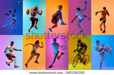 Collage with different young people, men and women, athletes of different sports in motion over multicolored background in neon light. Concept of professional sport, competition, championship, action Royalty-Free Stock Photo #2401585283