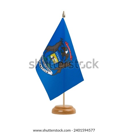 Michigan Flag, small wooden michiganian table flag, isolated on white background