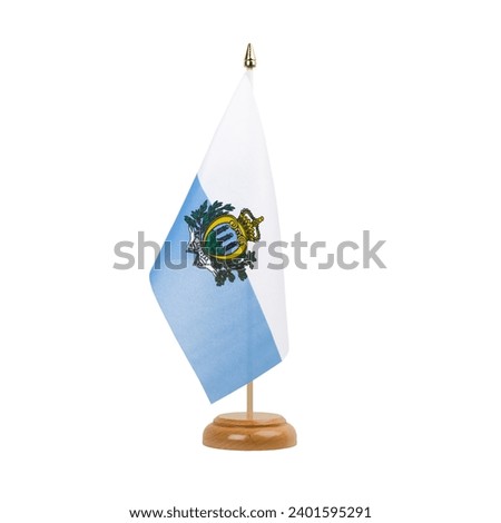 San Marino Flag, small wooden sammarinese table flag, isolated on white background
