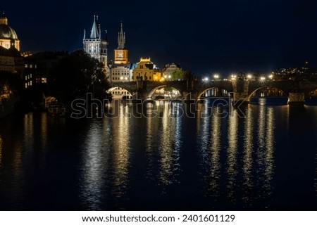 Prague Old Town Water Tower, old Town Bridge Tower and Charles bridge. Beautiful photo. Night picture.