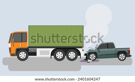 Accident in pickup truck crashed into the back of a container car. Causing damage in front of the pickup truck