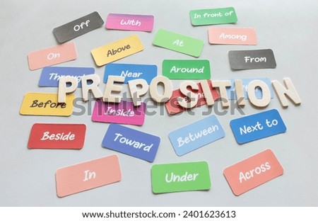 colorful English grammar word cards on white desk for training in class