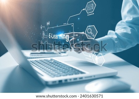 webinar online, education on internet. E-learning education, internet lessons and online webinar. Person who attends online lessons on digital screen. Education internet Technology. Royalty-Free Stock Photo #2401630571