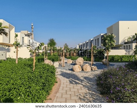Landscaping Green and Lush Landscaping area with Carpet Grass and Trees like Palm or Washingtonia, Some Houses or Villa's also beside Green land, Small Interlock path between landscaping area
