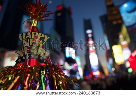 Happy New Year hat with colorful decoration in Times Square New York City