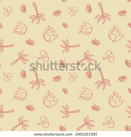 Vector Cute Tropical Elephant Tree Grass Seamless Pattern Outline Background Wallpaper Yellow Orange