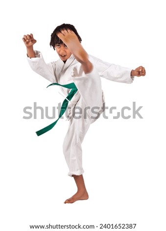 african american boy in karate suit training, mixed race , uniform karate gi , keikogi or dogi, suit is white, he is mixed race with braids, dreadlocks, isolated on white background Royalty-Free Stock Photo #2401652387