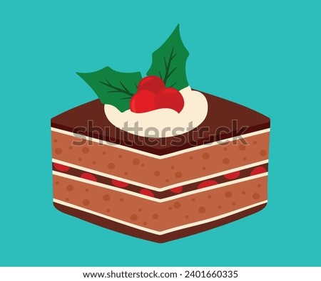 Cute hand drawn Choco Cake with holly berry topping pastry sweet food dessert cartoon vector illustration isolated on white background for christmas