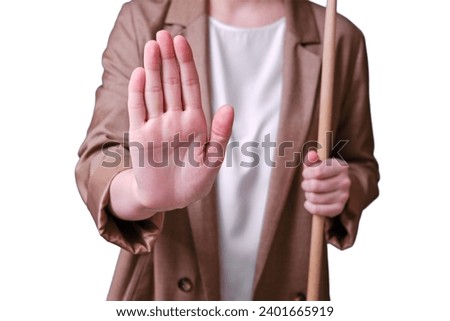 Woman teacher with stop hand gesture on studio isolated on a white background, copy space
