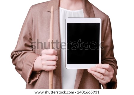 Woman teacher with tablet for online lesson on studio isolated on a white background, copy space