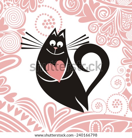 Valentines day card cat with heart romantic pattern background illustration