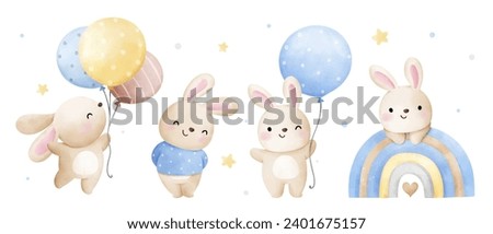Draw vector illustration banner adorable baby bunny boy For nursery birthday kids Sweet dream concept Watercolor style Royalty-Free Stock Photo #2401675157