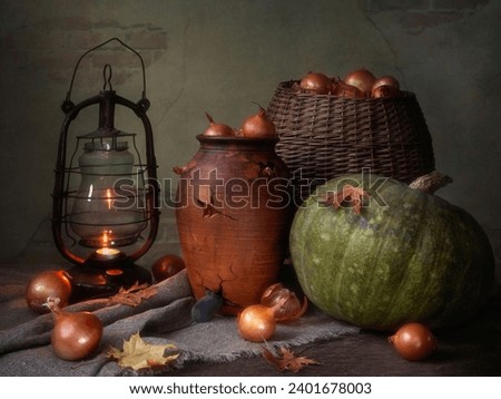 Still life with onion and pumpkin