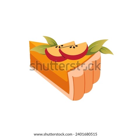 Apple pie Piece decorated with apple slices. Cake with whipped cream vector. Dessert with apples vector. Classic American pie clip art. Vector flat Illustration for recipe cookbook, banner, menu.