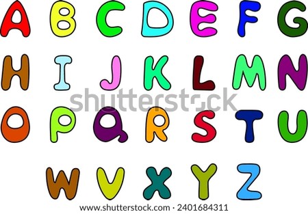 English alphabet. Cartoon font. Multi-colored capital letters with a black outline on a transparent background. Vector.