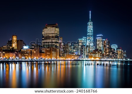Lower Manhattan by night viewed from Hudson River Park, in Tribeca, New York