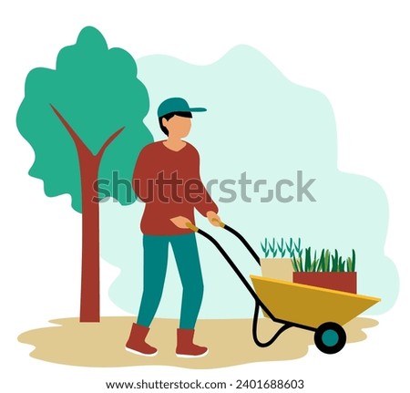 Man with wheel barrow, gardening concept. Farmer with a wheelbarrow. Gardeners work. A man pushes a wheelbarrow with seedlings. Flat illustration Royalty-Free Stock Photo #2401688603