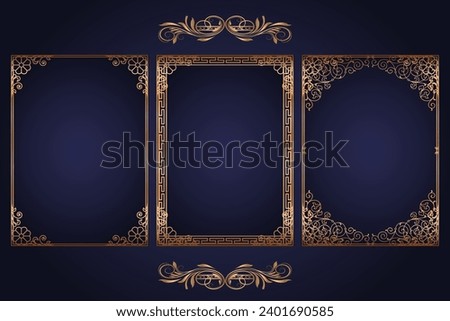 Vector decorative background with gold frames. Golden frame on luxury blue. Royalty-Free Stock Photo #2401690585