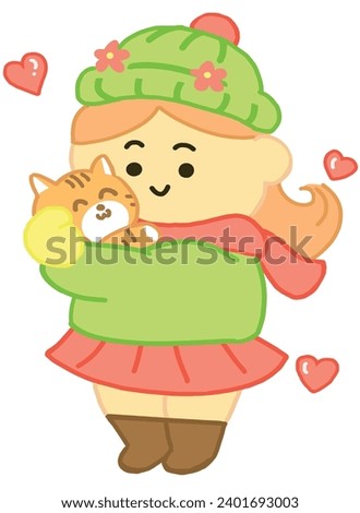 Happy Girl hug and cuddle a little cat  cartoon style.