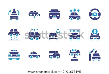 Car icon set. Duotone color. Vector illustration. Containing steering wheel, car, factory, van, sharing, suspension, driverless, electric, police, spring swing.