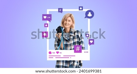 Happy woman photographer with camera in hand, photo posted on social media feed, comments and likes notification and pop-up. Concept of online communication and subscribe